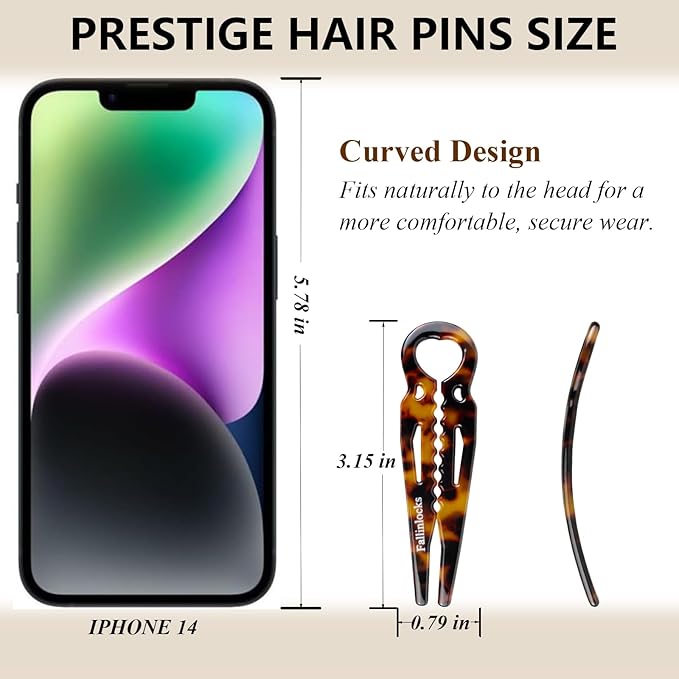 6 Pack Prestige Hair Pins for Women, 3.15" Medium French Hair Pins for Thin & Thick Hair, Curved Anti-Slip Design for Better Hold, Perfect Holiday Gift for Her