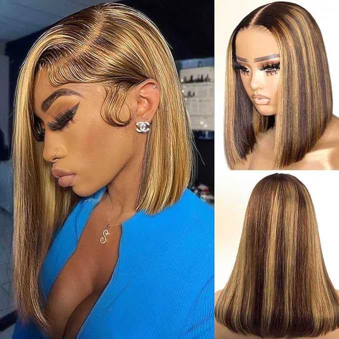 4/27 Ombre Highlight Bob Wig Human Hair 16 inch straight 427 bob wig 13x4 Highlight HD Lace Frontal Bob Wig Human Hair 180% Density Pre Plucked Ombre Short Bob Wigs for Black Women