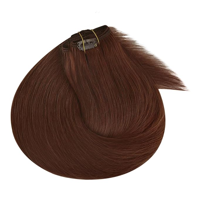 Ve Sunny Real Hair Extensions Clip in Human Hair Dark Auburn Red Hair Extensions Full Head Human Hair Extensions Clip ins Natural Straight 16 inch 120g 7pcs