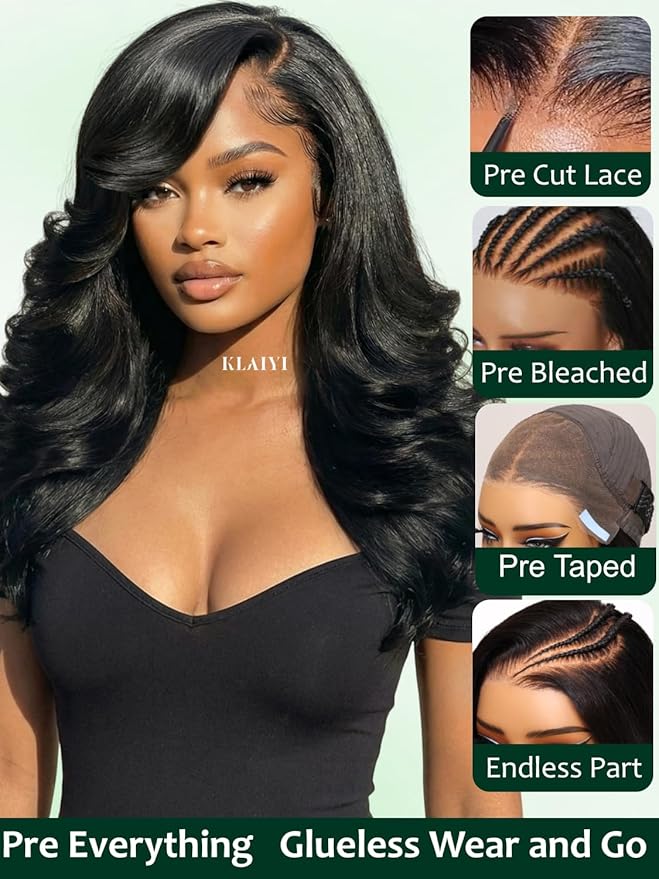 KLAIYI Pre Everything Glueless Layer Side Part Loose Body Wave 13x4 Lace Front Wigs Human Hair Drawstring Curtain Bangs Face framing Pre Bleached Knots Pre Plucked 3S Ready to Put On and Go Wig 24Inch