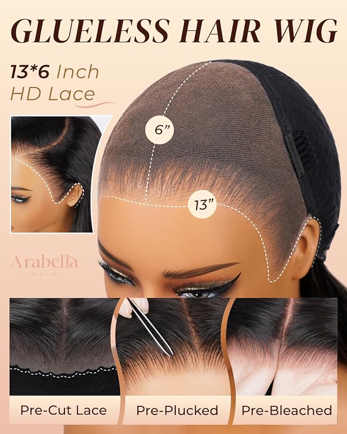 Arabella 13x6 Glueless Wigs Human Hair Pre Plucked Pre Cut Lace Upgraded Ear to Ear Full HD Lace Front Wigs Human Hair 220% Density Straight Wear and Go Glueless Wig Drawstring Wig Human Hair 24 Inch