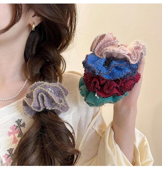 2 Pcs Soft Fabric Scrunchies for Hair,3.9 inch Medium Elastic Hair Ties Ropes Crochet Knit Silky Scrunchie for Women-Mixed Color 1
