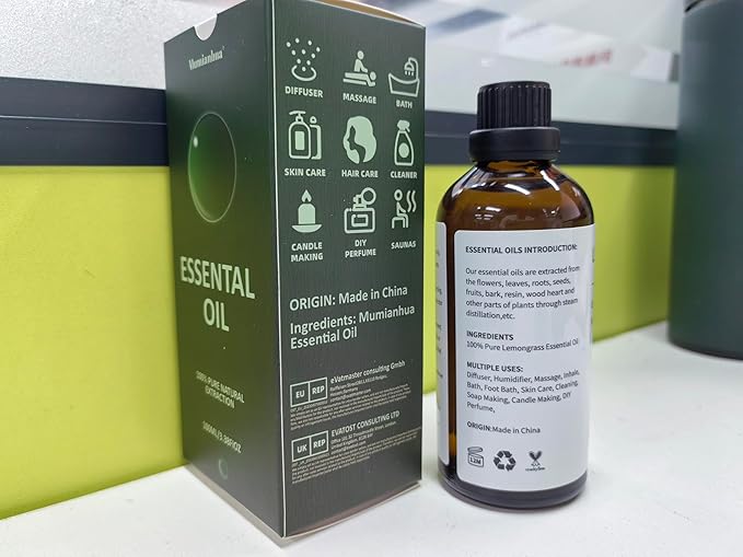 Pure Lemongrass Essential Oil, Mumianhua Natural Citral Oil for Outdoor Shield & Fresh Air, Aromatherapy for Patio, Garden & Camping Protection, Skin Care, Spray & Reed Diffuser, 3.38 Fl Oz