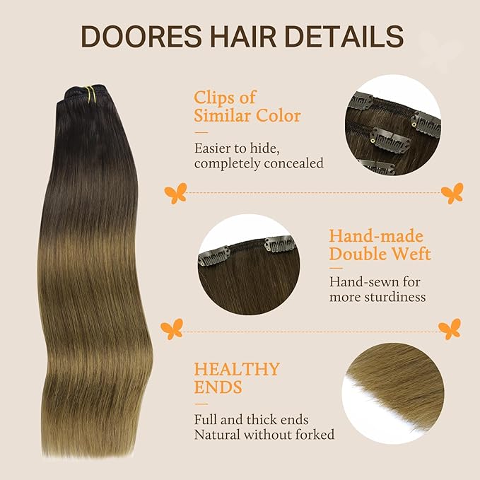 DOORES Clip in Human Hair Extensions, Chocolate Dip Color Melt 12 Inch 7pcs 80g, Real Remy Hair Long Natural Straight Thick Clip in Extensions