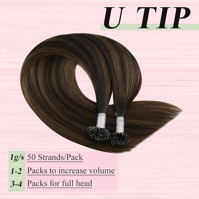 YoungSee U Tip Hair Extensions Human Hair Brown Balayage Utip Hair Extensions Human Hair Dark Brown Ombre Keratin Tip Hair Extensions Real Human-Hair 16In Ombre K Tips Hair 50s/50G for Everyday Wear