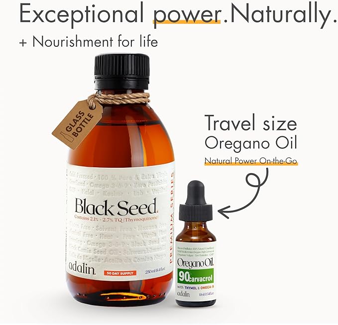 adalin Black Seed Oil Organic Cold Pressed 8.4 fl oz with Travel Size Oil of Oregano 0.34 fl oz | Black Cumin Seed | Nigella Sativa | High Thymoquinone & Carvacrol | Glass Bottle | Gluten Free