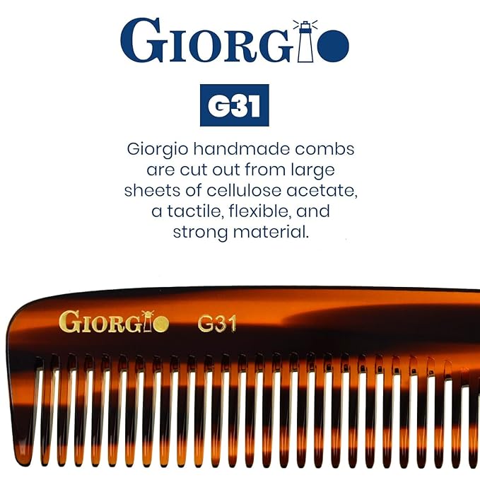 Giorgio G31 TortoiseShell Fine Tooth and Wide Tooth Hair Comb, Styling Comb, Grooming Hair Combs for Women, Mens Beard Care Combs for Detangling and Styling - Handmade Saw-Cut and Hand Polished