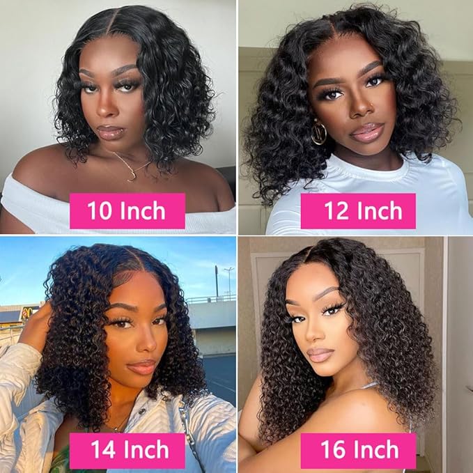 GOLFMAX Glueless Wigs Human Hair Pre Plucked Pre Cut 4X4 Lace Closure Bob Wig Human Hair Deep Wave Curly Short Bob Wig 14 Inch Wet and Wavy Lace Front Wigs With Elastic Band