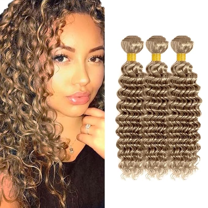 Ash Blonde Deep Wave Bundles Human Hair Color #22 Bundle Niegmeag Brazilian Virgin Remy Hair 3 Bundles 14 16 18 Inch Double Weft #22 Blonde Bundle Hair Weave