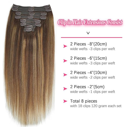 #4/27/4 Yaki Straight Clip in Hair Extensions Real Human Hair Omber Clip ins For Women Yaki Straight Clip on Hair(20inch,#4/27/4)