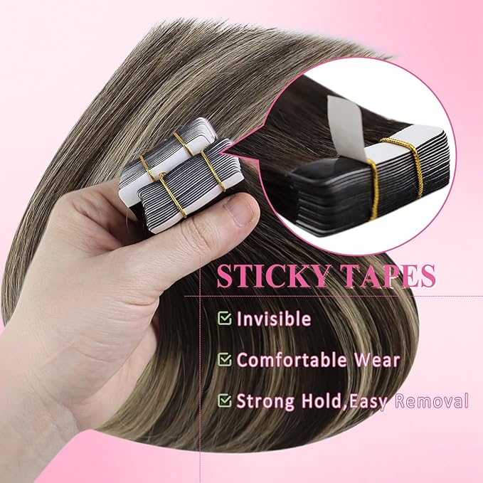 YoungSee Invisible Tape in Hair Extensions Balayage Tape in Hair Extensions Human Hair Dark Brown Roots Ombre Ash Blonde Tapein Extension Real Human Hair for Short Hair 12Inch 20pcs 30g