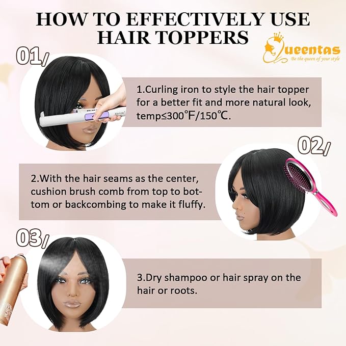 QUEENTAS Black Hair Topper for Women with Thinning Hair Pieces 6"*6"Large Coverage 360°3D Cover Silver Synthetic Short Bob with 5 Clips in Wiglets(Natural Black)