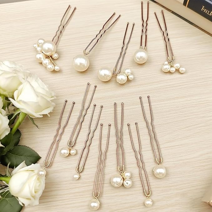 12 Pieces Bridal Pearl Hair Pins for Party, Handmade Pearl Hair Accessories, Wedding Hairstyles Accessories for Bridesmaid Girls Various Sizes (1set-12pcs)