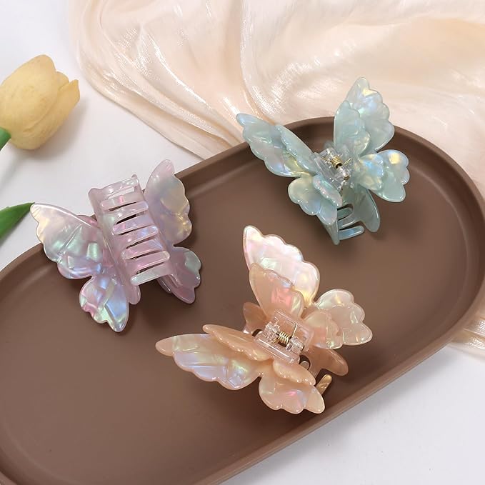 3 Packs Butterfly Hair Clips Acetate Tortoise Shell Non-Slip Jaw Clips 2.5inch, Beautiful Butterfly Hair Accessories for Girls and Women(Mixed color, purple, Orange, Mint Green)