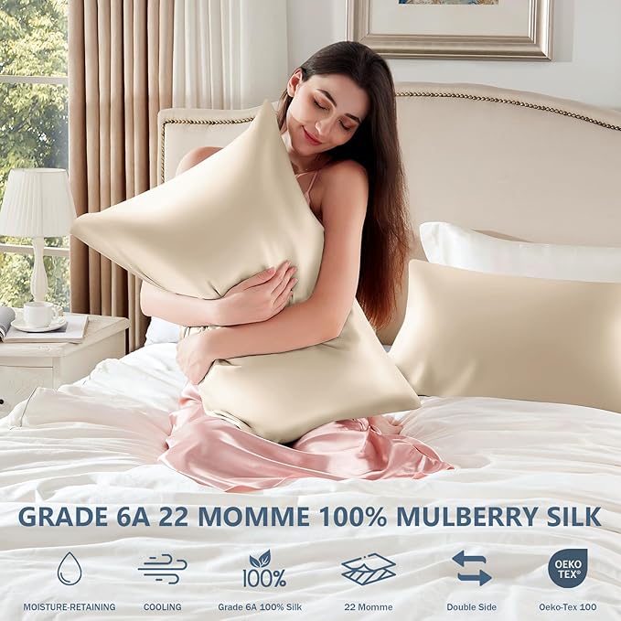 Silk Pillow Cases King Size 100% Mulberry Silk Pillowcase for Hair & Skin 22 Momme Both Sided Grade 6A Silk Cooling Soft Breathable 20 x 36 Inches with Hidden Zipper 1PC, Beige