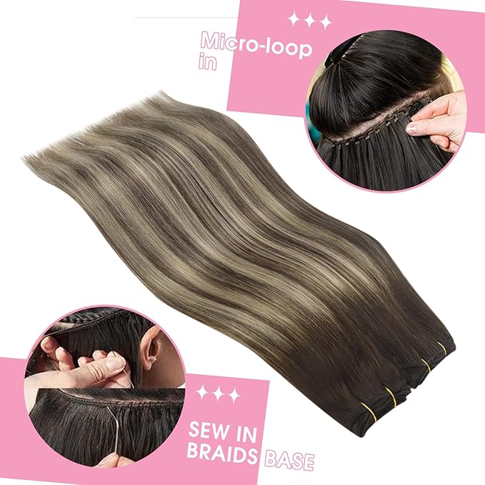 YoungSee Sew in Hair Extensions Real Human Hair Balayage Weft Hair Extensions Human Hair Chocolate Brown with Ash Blonde Balayage Sew in Extensions Long Straight Hair 24Inch 100G