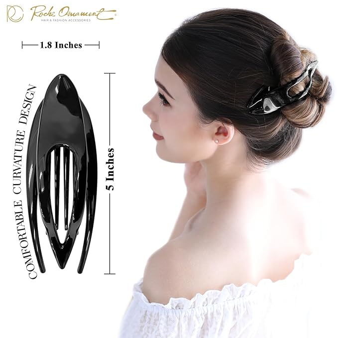 RC ROCHE 1 Pcs Flat Hair Clips Big Claw for Thick Hair French Duckbill Women No Slip Side Slide Curved Alligator Concord Strong Grip Hold Volume Lay Down Clamp, Large Black