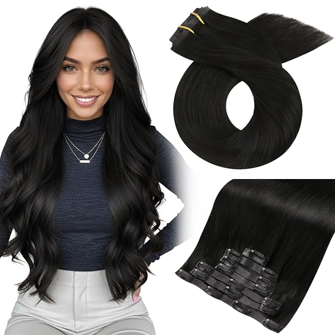 Moresoo Seamless Clip in Hair Extensions Real Human Hair Black Straight Can Be Curled Hair Extensions Clip ins Short 14inch Pure Skin Invisible Natural Black for Daily Use 120g/7pcsv