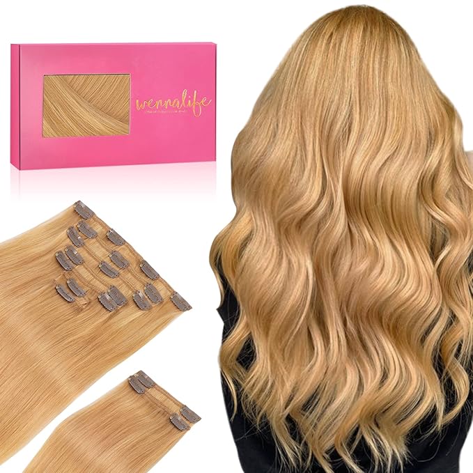 WENNALIFE Human Hair Clip In Extensions, 18 Inch 150g 9pcs, Strawberry Blonde Remy Hair Extensions, Real Hair Coloured