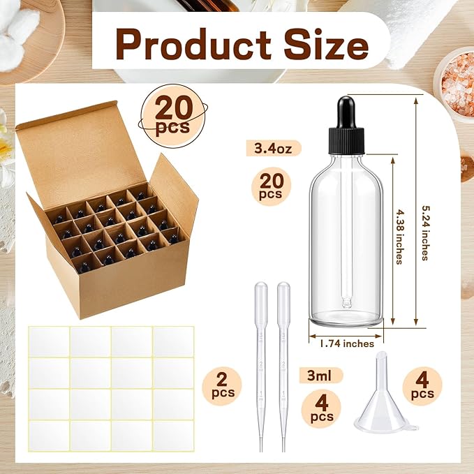 Tessco for you 20 Pack 3.4 oz Glass Dropper Bottles with Glass Eye Droppers for Essential Oils, Empty Oil Bottles with Funnel, Labels and Pipette for Hair Oils Perfume Cosmetic Travel(Clear)