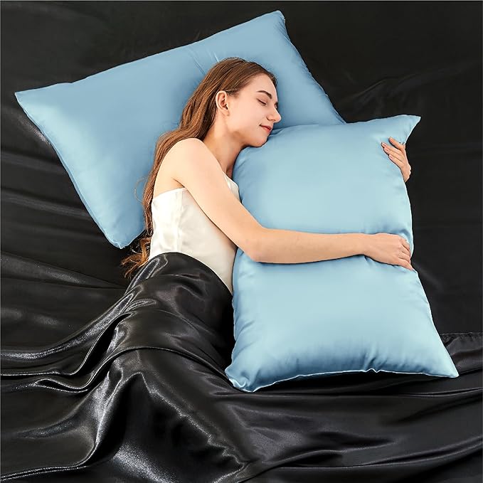 INFIIXSO Mulberry Silk Pillowcase for Hair and Skin, Silk Pillow Cases Queen Size Set of 2 with Hidden Zipper 20x30 Inches, Smooth and Soft Cooling Pillow Cases for Hot Sleepers(Light Blue, 2 Pack)