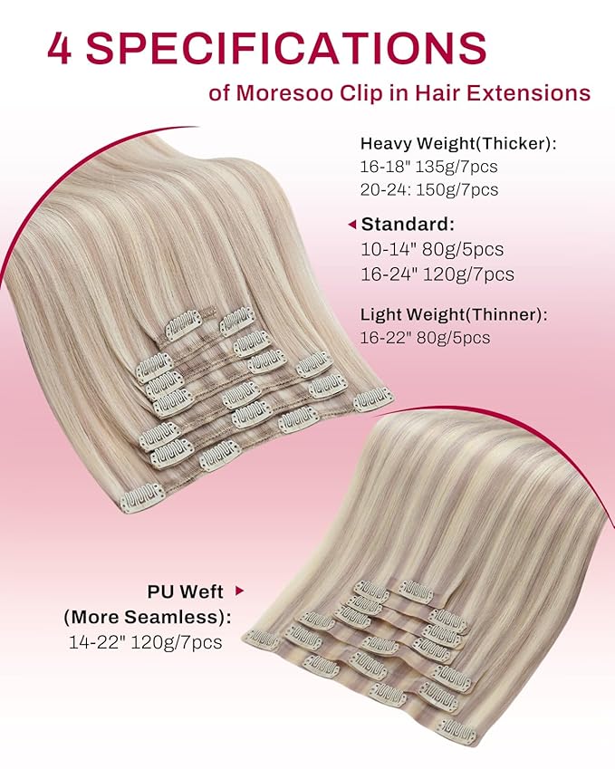 Moresoo Blonde Highlight Clip in Hair Extensions Ash Blonde with Bleach Blond Remy Clip in Human Hair Extensions Straight Double Weft 120g/7pcs 18 inch