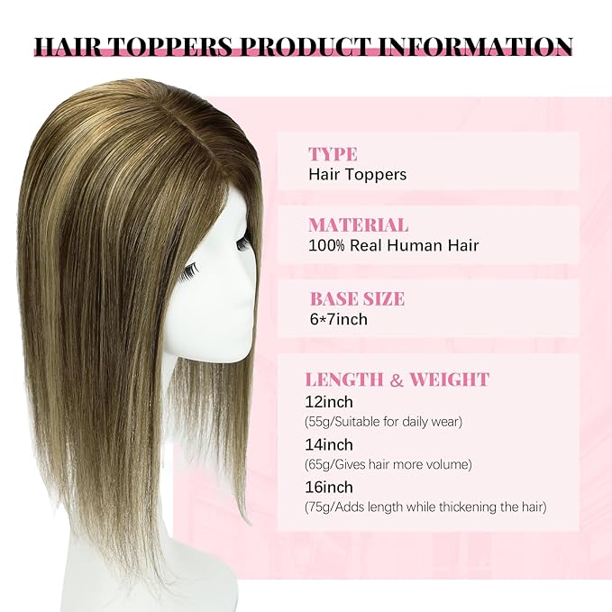 Hair Toppers for Women Real Human Hair, 65g 6x7inch Base Toppers for Women with Thinning 14inch Chocolate Brown Mixed Caramel Blonde Cover Gray Roots Add Volume (#4/27/4Toppers-14inch)