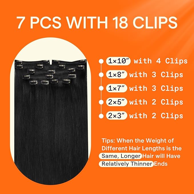 Full Shine 26 Inch Hair Extensions Real Human Hair Black 150 G Invisible Clip in Hair Extensions Human Hair For Women Jet Black Soft Straight 7 Pcs