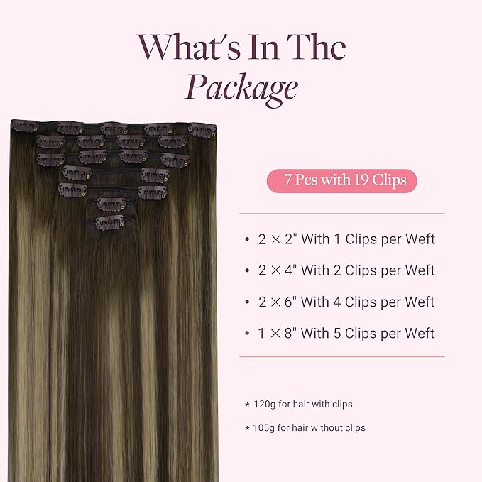 GOO GOO Clip in Hair Extensions Real Human Hair, Remy Human Hair Extensions Clip ins for Women, Natural Human Hair, 14inch 120g 7Pcs, 4/26/4 Balayage Chocolate Brown to Honey Blonde