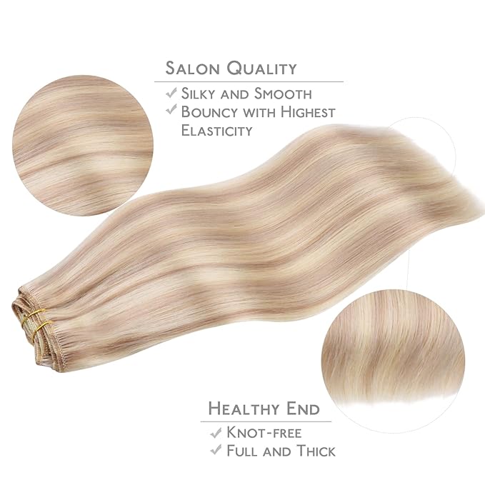 WENNALIFE Clip in Hair Extensions Real Human Hair, 14 Inch 120g 7pcs Balayage Light Wheat Platinum Blonde Remy Hair Natural Double Weft