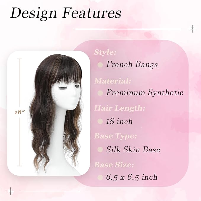 Hair Topper, 360° 3D Hair Toppers for Women with Thinning Crown, 18 Inch Long Wavy Curly Hair Pieces Clip in Bangs (Dark Brown Mixed Chestnut, 18 inch, French Bangs)