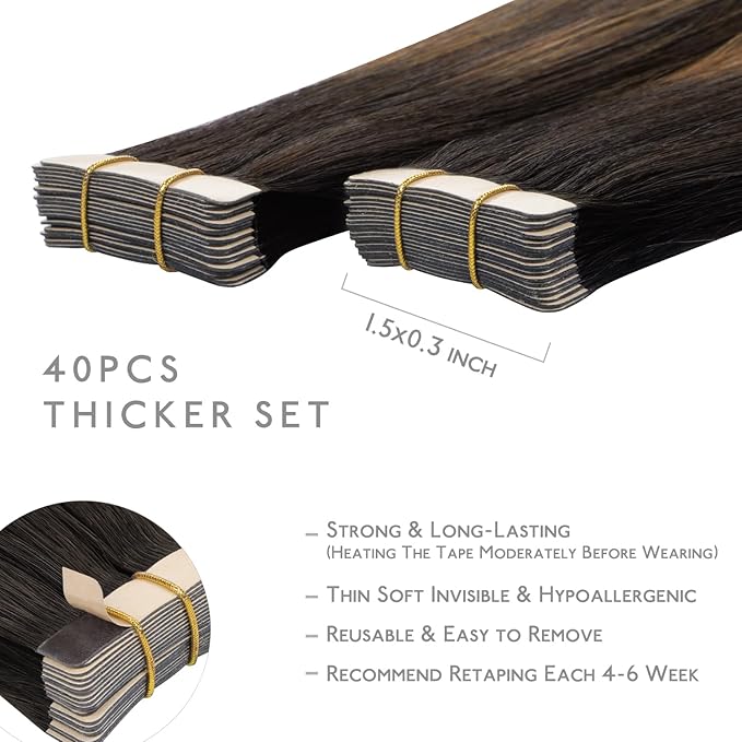 WENNALIFE Tape in Hair Extensions Human Hair, 40pcs 100g 16 inch Balayage Dark Brown Mixed Chestnut Brown Remy Hair Straight