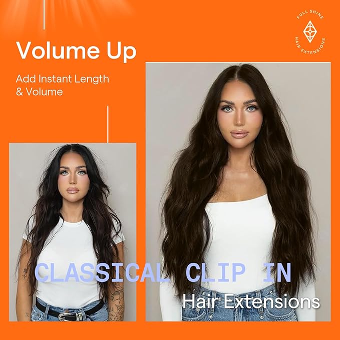 Full Shine Clip in Hair Extensions Human Hair Clip in Extensions Triple Weft Brazilian Hair Clip ins Dark Brown Hair Extensions Real Human Hair Clip ins Full Head 7 Pcs 18 Inch 120 G