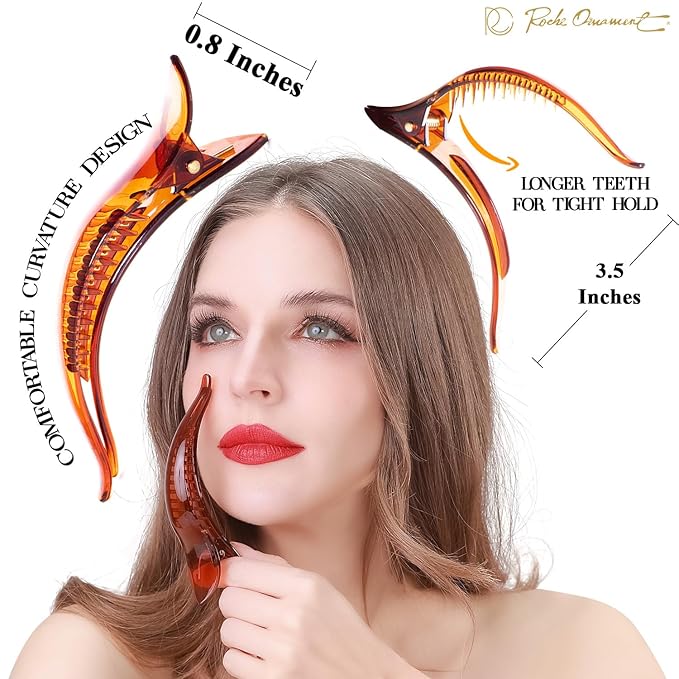 RC ROCHE 6 Pcs Duck Bill Alligator Hair Clips for Women Sectioning Flat Claw Long Thick Hair Inner Teeth Curved Styling Jaw Strong Secure Grip Salon, Medium Brown