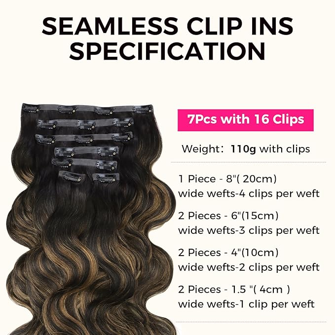 Lashey Clip in Hair Extensions Real Human Hair 110g 7pcs 16 Inch Body Wave Seamless Clip in Hair Extensions Human Hair Natural Black Mixed Chestnut Brown Human Hair Extensions