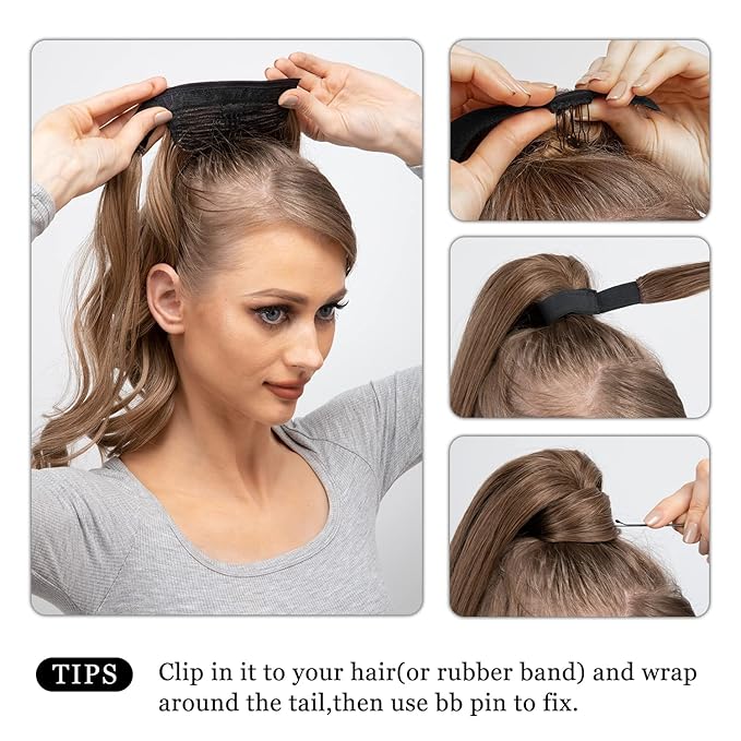 CJL HAIR 22" Long Ponytail Hair Extension Wrap Around Pony Tail Clip in Curly Wavy Synthetic Fake Hairpiece for Women Black Brown