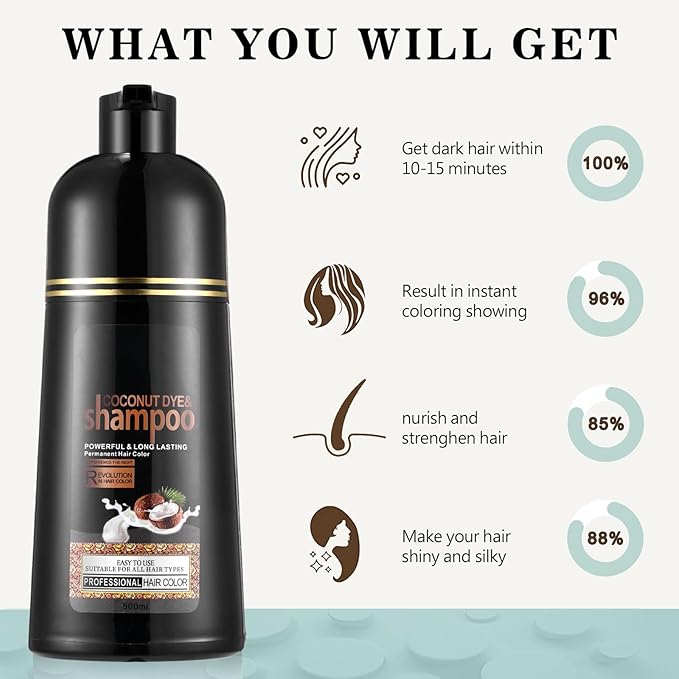 Fvquhvo Brown Hair Dye Shampoo, Instant Hair Color for Women Men, Colors in Minutes, Long Lasting Brown Hair Dye, Coconut Dye Shampoo, Easy to Use 16.90 Fl Oz