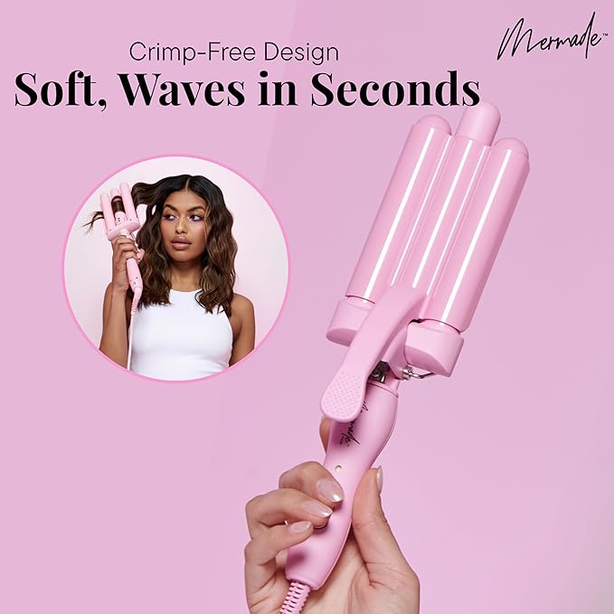 Mermade PRO Hair Waver 1" - 3 Barrel, Curling Iron 1 Inch, Ceramic Barrel Waver for Thick, Thin, Long, or Short Hair - 1", Pink