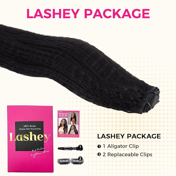 Lashey Seamless Clip in Hair Extensions Human Hair 130g 18 Inch 9pcs #1 Jet Black Kinky Straight Full Pack Clip in Hair Extensions for Women