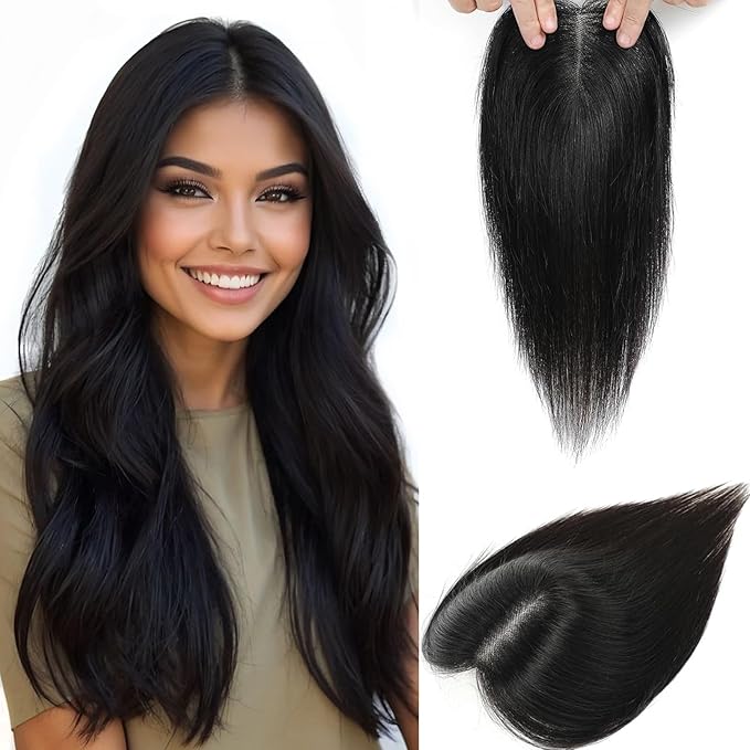 Hair Toppers for Women Real Human Hair Topper Upgrade Swiss Lace Middle Part Clip in Bangs Remy Human Hair Straight Hairpieces for Thinning Realistic Scalp 360° Cover Gray Hairy Roots Black 1B