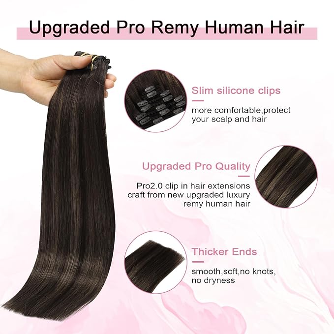Pro2.0 Clip in Hair Extensions Real Human Hair 22inch 7pcs #2/6/2 Balayage Dark Brown to Chestnut Brown Real Hair Extensions Clip in Human Hair 120g（#2/6/2-22inch）