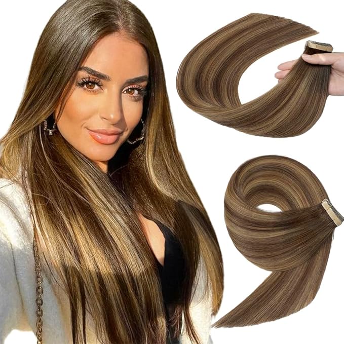 Tape in Hair Extensions Human Hair 20pcs Remy Hair Extensions Real Human Hair 18 Inch Chocolate Brown Mixed Honey Blonde Straight Invisible Human Hair Tape in Extensions for Women (4/4/27#,18 Inch)