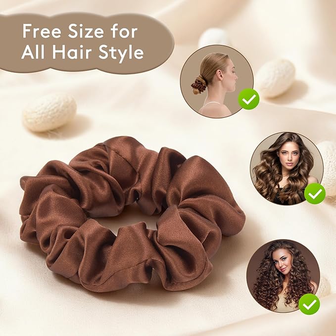 3 Pcs Silk Hair Ties, 22 Momme 100% Mulberry Hair Band, Silk Scrunchies for Women and Girls, 6A Grade No Damage Ponytail Holders (1.2in Width, Brown)