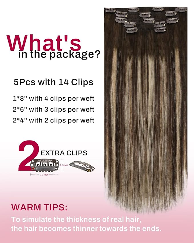 Moresoo Clip in Hair Extensions Real Human Hair Balayage Dark Brown with Caramel Blonde 5pcs 80g Remy Straight Invisible Lace Double Weft Ombre Human Hair Clip in Extensions 16inch