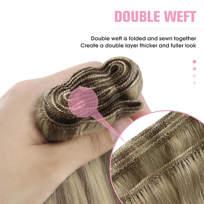 YoungSee Sew in Hair Extensions Real Human Hair Highlight Hair Extensions Weft Light Brown with Blonde Highlight Hand Tied Weft Hair Extensions Human Hair 20Inch 100G