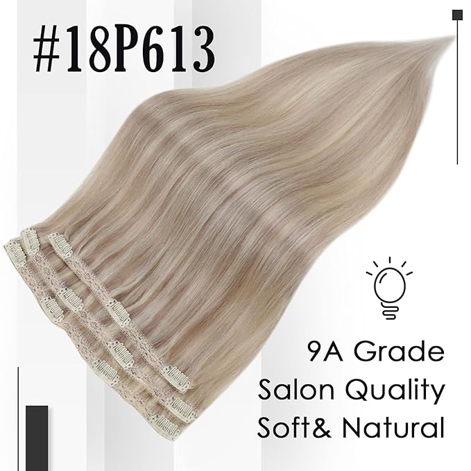Full Shine Clip in Hair Extensions 3 Pcs 60 G Ash Blonde Highlights Bleach Blonde Human Hair Extension Clip ins Invisible Hair Extensions for Thin Hair 20 Inch