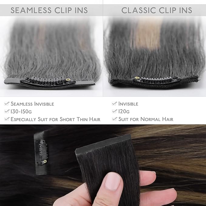 WENNALIFE Seamless Clip in Hair Extensions Human Hair, 12 Inch 80g 7pcs Balayage Natural Black to Chestnut Brown Real Hair Extensions Clip Ins Invisible PU Skin Weft Natural Remy Hair