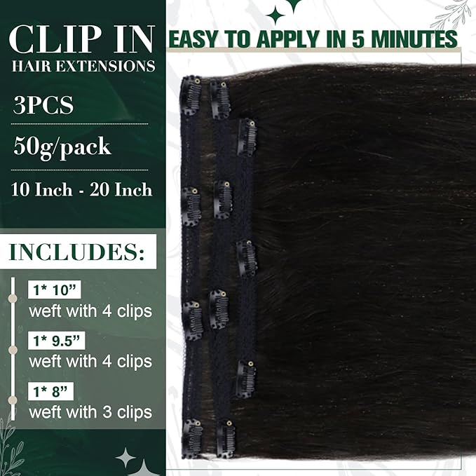 RUNATURE Black Clip in Hair Extensions, Real Hair Extensions Clip Ins, Long Human Hair Clip in Extensions, Remy Soft Hair, Natural Looking, 20 Inch 50g 3pcs #1B Off Black