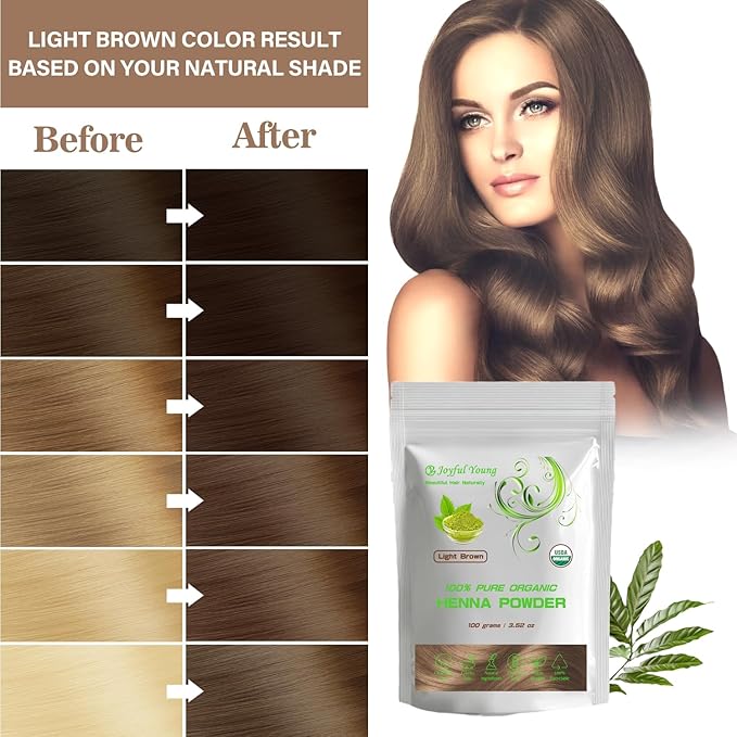 100% Organic Henna Hair Color – Natural, Chemical-Free Hair Dye for Rich, Vibrant Color & Gloss – Grey Coverage, Safe for All Hair Types, Vegan Non-Toxic, Herbal Hair Treatment (LIGHT BROWN)