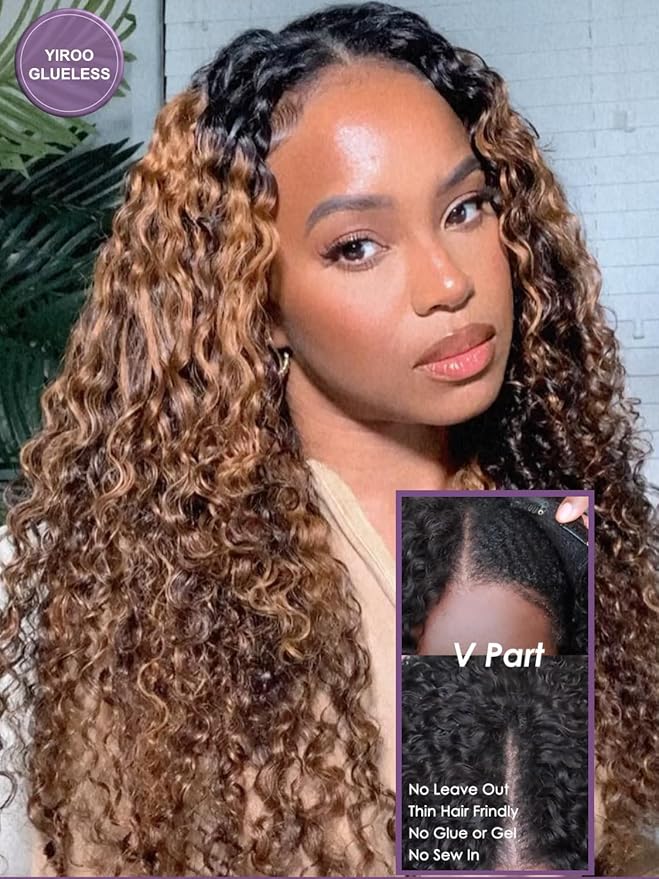 YIROO EasiContour V Part Wigs Ombre Brown Glueless Human Hair Upgrade U Part Wig with Dark Roots Highlight V Shape Clip Wigs Beginner Friendly with Drawstring Ready to Wear Chestnut Brown Color 20Inch